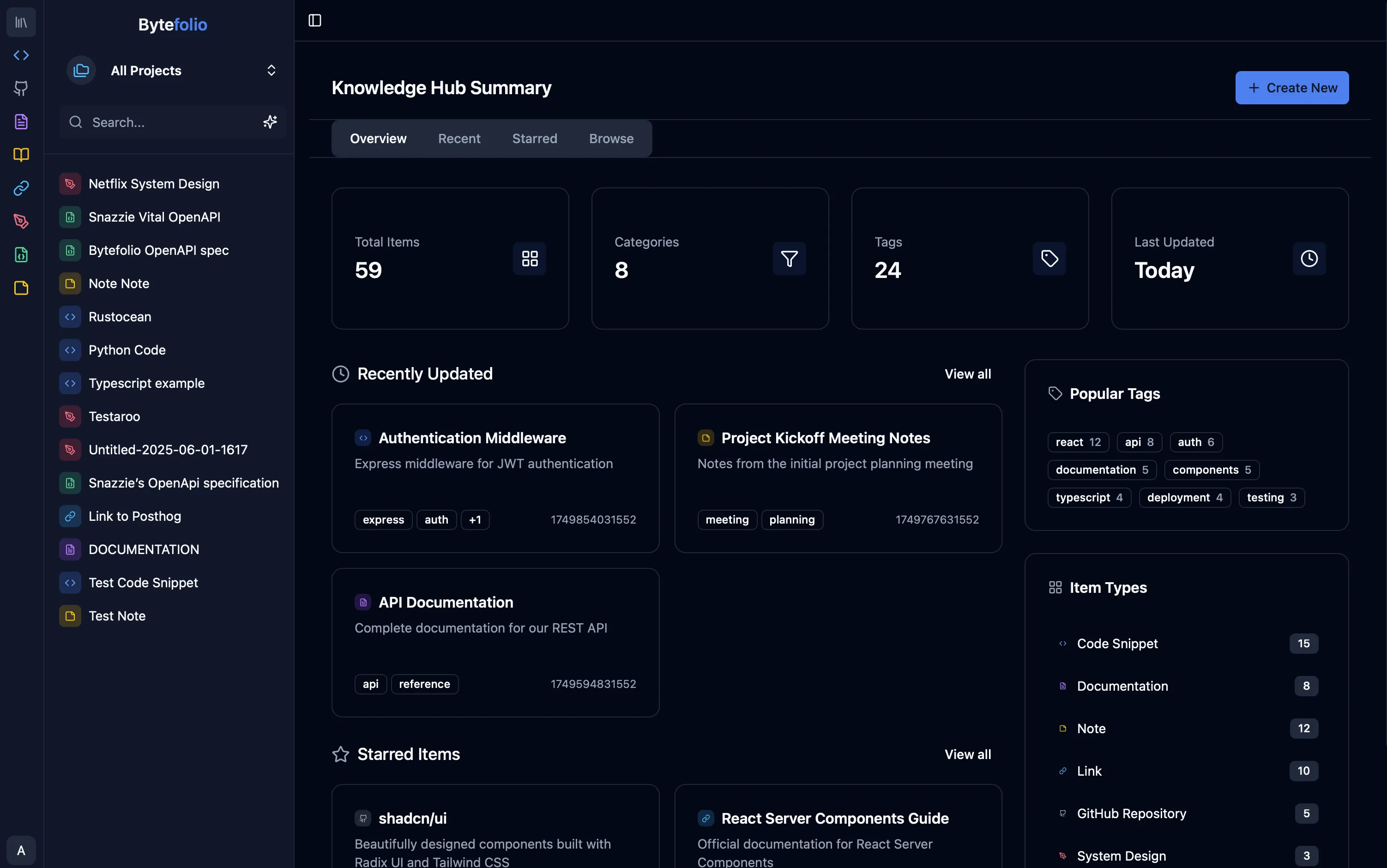 Bytefolio application interface showing project management and knowledge organization features
